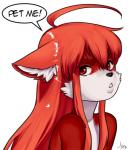 ahoge alternate_species anthro brown_eyes cheek_tuft commanding_viewer ears_back facial_tuft female fur furrification hair inner_ear_fluff long_hair looking_at_viewer multicolored_body multicolored_fur open_mouth pivoted_ears pouting red_body red_eyes red_fur red_hair simple_background solo speech_bubble text tuft two_tone_body two_tone_fur white_background white_body white_fur young young_anthro aogami shakugan_no_shana shana_(shakugan_no_shana) domestic_cat felid feline felis mammal 2017