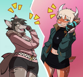 ahoge anthro black_bottomwear black_clothing black_ear_tips black_hair black_shorts black_skirt blonde_hair blue_background bottomwear cellphone checkered_belt clothing dipstick_ears duo ear_markings electronics female freckled_face freckles fur gold_(metal) green_eyes grey_body hair holding_cellphone holding_object holding_phone horn humanoid_hands jacket jewelry markings medium_hair multicolored_ears necklace open_mouth orange_body orange_fur phone pink_background pink_clothing pink_jacket pink_nose pink_tongue pink_topwear shark_tail short_tail shorts simple_background skirt smile spot_freckles spots spotted_face spotted_legs spotted_markings spotted_tail spotted_thighs tail tail_markings talking_on_phone tan_body tan_fur tongue topwear somesacredbird louis_vuitton aquatic fish shark 2026 digital_drawing_(artwork) digital_media_(artwork) english_description