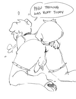 accessory anthro anus backsack balls blush blush_lines bodily_fluids breath clothing collar cum cum_drip cum_from_ass cum_in_ass cum_inside cum_on_balls dialogue dripping furgonomics garter genital_fluids genitals holding_butt jewelry legwear male pawpads penis rear_view ring solo speech_bubble tail tail_accessory tail_jewelry tail_ring text thigh_highs fent reu_(pentpuppy) canid canine canis domestic_dog mammal english_text hi_res monochrome sketch