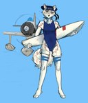 aircraft airplane anthro blue_background clothing female flotation_device footwear fur fur_markings hat headgear headwear holding_object legwear leotard markings onesie pattern_clothing pattern_footwear pattern_legwear pattern_socks propeller simple_background socks solo striped_clothing striped_footwear striped_socks stripes swimwear thigh_highs thigh_socks vehicle white_body white_fur banoncat canid canine canis mammal wolf 2023 hi_res