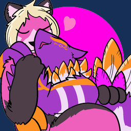 3_fingers 4_ears ambiguous_gender anthro border cream_hair cuddling duo eyes_closed facial_markings feathers fingers gloves_(marking) hair head_markings heart_symbol markings multi_ear multicolored_body multicolored_feathers open_mouth orange_body orange_feathers orange_markings pink_body purple_body purple_feathers simple_background transparent_border two_tone_body two_tone_feathers white_body white_feathers white_markings wings trout_(artist) ailurid avian mammal red_panda unknown_species 1:1 2017 alpha_channel character_request