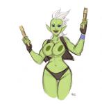 blue_eyes breasts clothing female green_body green_nipples green_skin gun hair humanoid_pointy_ears lips navel nipples not_furry pointy_ears ranged_weapon simple_background solo topwear vest weapon white_background white_hair wide_hips nozdraws wildstar humanoid mordesh animated low_res portrait short_playtime three-quarter_portrait