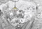 amazing_background anthro apron beverage biped bottomwear clothing coffee detailed_background dot_eyes eyewear food glasses group hat headgear headwear open_mouth plant reading shirt shorts simple_eyes sitting smile topwear tree ryo_yambe canid canine canis domestic_dog mammal mouse murid murine rodent sciurid tree_squirrel 2023 detailed greyscale hi_res monochrome