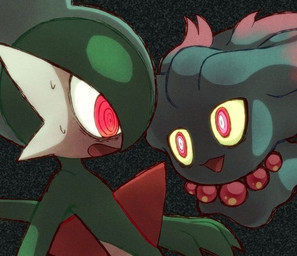 ambiguous_gender bodily_fluids duo green_body hypnosis mind_control red_eyes soul_devouring_eyes spiral spiral_eyes sweat true_fear siwo_(artist) nintendo pokemon gallade generation_2_pokemon generation_4_pokemon ghost humanoid misdreavus pokemon_(species) spirit film_grain