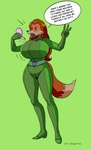 5_fingers alternate_species angry anthro biped bodysuit breast_expansion breasts brown_hair clothing expansion female fingers furrification green_background green_bodysuit green_clothing green_skinsuit hair holding_object open_mouth simple_background skinsuit solo speech_bubble text tight_clothing tail-blazer totally_spies! sam_(totally_spies!) canid canine fox mammal 2022 english_text hi_res