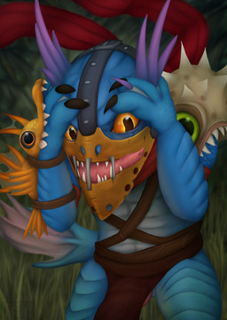 anthro bottomwear clothed clothing erection erection_under_clothing genitals hand_on_head loincloth male mask penis penis_tongue solo tapering_penis unusual_anatomy unusual_genitalia_placement unusual_penis_placement 4yd0_yctahobka dota valve slark_the_nightcrawler aquatic fish 2025 absurd_res hi_res