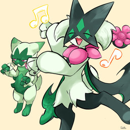 ambiguous_gender anthro blush blush_lines claws dancing duo eyes_closed featureless_crotch fur green_body green_fur musical_note musical_symbol narrowed_eyes open_mouth paws pink_eyes simple_background symbol tail tongue nanikoreon nintendo pokemon felid feline floragato generation_9_pokemon mammal meowscarada pokemon_(species) 1:1 2026 hi_res signature