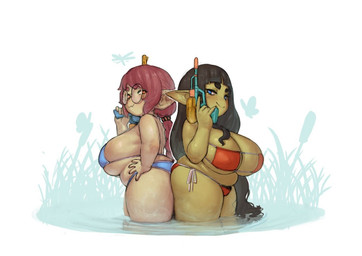 belly big_breasts big_butt bikini black_hair braided_pigtails breasts butt clothing duo eyewear female glasses hair huge_breasts humanoid_pointy_ears long_hair micro_bikini partially_submerged pointy_ears pubes red_hair short_stack slightly_chubby string_bikini swimwear thick_thighs toy toy_gun two-piece_swimsuit water water_gun okgaki ophelia_(okgaki) goblin humanoid
