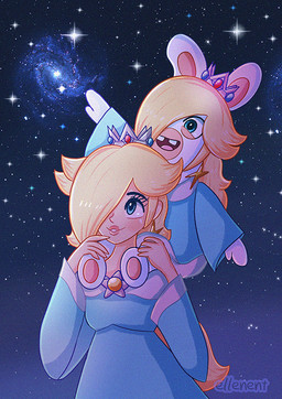 5_fingers anthro black_eyebrows blonde_hair blue_clothing blue_dress blue_eyes blue_sky blush buckteeth carrying_another clear_sky clothed clothed_anthro clothed_female clothed_human clothing crown dress duo eyebrows featureless_legs female female_anthro female_human fingers fur galaxy gem hair hair_over_eye happy headgear larger_female larger_human lidded_eyes light lips long_ears long_hair looking_up mitten_hands multicolored_body night noseless on_shoulders open_mouth open_smile outside pawpads pink_lips pink_tongue princess royalty ruby_(gem) sapphire_(gem) size_difference sky smaller_anthro smaller_female smile star starry_sky tan_inner_ear tan_pawpads teeth text tongue two_tone_body white_body white_fur ellenent mario_bros mario_plus_rabbids_sparks_of_hope nintendo raving_rabbids rayman_(series) super_mario_galaxy ubisoft rabbid_rosalina rosalina_(mario) human lagomorph mammal rabbid 2022 artist_name colored crossover digital_drawing_(artwork) digital_media_(artwork) english_description lighting shaded