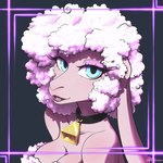 anthro bell bell_collar blue_eyes collar curled_hair female hair looking_at_viewer open_mouth simple_background smile solo rinkamo bovid caprine mammal sheep 1:1 2025 absurd_res digital_media_(artwork) headshot_portrait hi_res portrait procreate_(artwork) signature