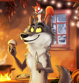 anthro buckteeth claws duo eye_contact fangs food fungus fur holding_food holding_knife holding_mushroom holding_object inside knife looking_at_another looking_down looking_up male mushroom nude open_mouth raised_tail sitting sitting_on_another smile snow snowing tail teeth whiskers yellow_eyes conditional_dnp tani_da_real disney intermarche_unloved pixar ratatouille albert_(intermache_unloved) canid canine canis mammal rodent sciurid tree_squirrel wolf 2025 hi_res signature