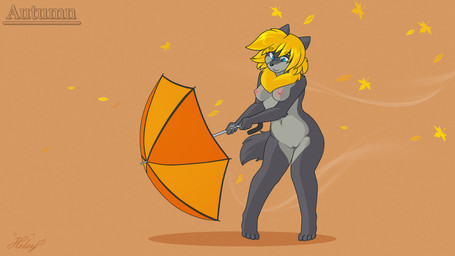 anthro autumn blonde_eyebrows blonde_hair blue_eyes breasts casual_nudity countershade_face countershade_torso countershading eyebrows female fur genitals grey_body grey_countershading grey_fur hair holding_object holding_umbrella humanoid_genitalia humanoid_vulva multicolored_vulva navel nipples nude pink_nipples pink_vulva plantigrade solo standing text two_tone_vulva umbrella vulva wind helsy lafille canid canine canis mammal wolf 16:9 digital_media_(artwork) english_text full-length_portrait hi_res portrait shaded signature wallpaper widescreen