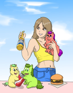 alcohol alcohol_bottle ambiguous_feral ambiguous_gender beer beverage beverage_bottle bottle bottomwear brown_eyes brown_hair burger burping can canned_drink clothing container denim denim_bottomwear denim_clothing exposed_belly eyelashes female female_human feral food fur green_body green_eyes green_fur green_hair green_tail group hair holding_another holding_beer holding_bottle holding_can holding_container holding_object jeans light_body light_skin midriff navel open_mouth pants purple_hair purple_tail red_body red_fur shirt sky smile soda tail tank_top teeth topwear yellow_body yellow_clothing yellow_fur yellow_shirt yellow_tank_top yellow_topwear young young_ambiguous young_feral carpdime fluffy_pony fluffy_pony_(species) human mammal 2022 digital_media_(artwork) shaded