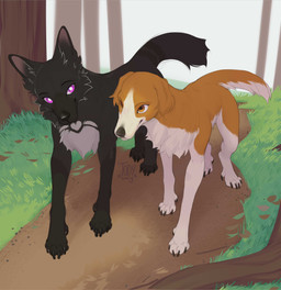 4_toes ambiguous_gender black_body black_fur black_tail brown_body brown_eyes brown_fur brown_tail claws countershade_fur countershade_torso countershading duo feet feral forest front_view fur looking_at_another outside plant purple_eyes quadruped smile standing tail toe_claws toes tree togaed canid canine canis domestic_dog mammal wolf 2025 absurd_res digital_media_(artwork) hi_res female_(lore) male_(lore)