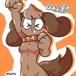 anthro breasts brown_body brown_ears brown_fur brown_hair brown_tail collar collar_only eyelashes eyes_closed featureless_breasts female fist floppy_ears front_view fur hair lop_ears nude open_mouth open_smile orange_background raised_fist raised_hand red_collar simple_background small_waist smile solo tail woof_(sound_effect) lnb anna_holiday canid canine canis domestic_dog mammal 2024 digital_drawing_(artwork) digital_media_(artwork) half-length_portrait portrait