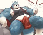 anthro asian_clothing balls_outline black_nose blue_body blue_fur blush bulge clothed clothing detailed_bulge east_asian_clothing erection erection_under_clothing fundoshi fur furniture genital_outline japanese_clothing kemono male musclegut muscular overly_muscular penis_outline sitting sofa solo underwear white_body white_fur mti777 canid canine canis domestic_dog mammal 2021 hi_res