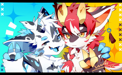 2_horns 4_claws anthro biped blue_eyes blue_markings cheek_to_cheek claws cuddling duo expressionless fur gesture grey_markings hair hand_gesture horn hug kemono looking_at_viewer male male/male markings one_eye_closed open_mouth open_smile ponytail red_markings simple_background smile smiling_at_viewer toony v_sign white_body white_fur wink winking_at_viewer yellow_eyes yellow_markings volt_0872 mythology dragon furred_dragon furred_scalie mythological_creature mythological_scalie scalie 2025 cel_shading color_contrast dated digital_drawing_(artwork) digital_media_(artwork) hi_res letterbox shaded signature