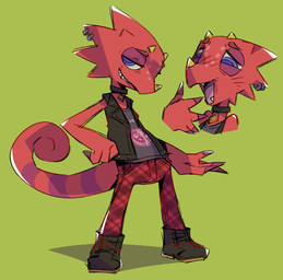 anthro biped clothed clothing collar curled_tail green_background half-closed_eyes horn male multiple_expressions narrowed_eyes nose_spike piercing purple_eyes ring_piercing simple_background solo tail flookz animal_crossing nintendo flick_(animal_crossing) chameleon lizard reptile scalie 2026 digital_media_(artwork) hi_res
