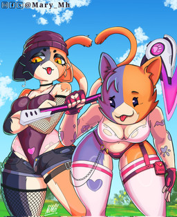 anthro beanie blep bottomwear bra breasts clothing duo female fingerless_gloves fishnet_clothing gloves handwear hat headgear headwear panties shorts tongue tongue_out underwear mary_mh epic_games fortnite cate_meowdy meow_skulls calico_cat domestic_cat felid feline felis mammal hi_res cousins_(lore)