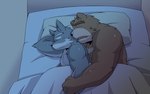 anthro bed bedding blanket brown_body brown_fur cuddling duo eyes_closed fur furniture kemono male male/male night overweight overweight_male pillow sleeping oogamikennta bear canid canine canis domestic_dog mammal 16:10 2021 widescreen