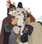 adult_on_young age_difference anal anthro anus armor asian_clothing balls belt black_body black_fur black_nose blush bodily_fluids chinese_clothing chinese_dress clothing clothing_aside cum cum_in_ass cum_inside dress east_asian_clothing fellatio folded_ears fur genital_fluids genitals green_eyes group hat headgear headwear heart_symbol helmet historical kemono licking male male/male multicolored_body multicolored_fur nipples oral penile penis penis_lick pointy_ears sash sex simple_background tongue tongue_out trio two_tone_body two_tone_fur warrior young young_anthro young_male lokey yekol_i dufu_(the_animal_poetry_town) canid canine canis domestic_dog fox mammal wolf hi_res