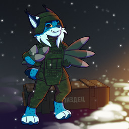 3_toes abstract_background anthro armor black_tail_tip blue_body blue_fur body_armor bottomwear box bulletproof_vest camo camo_bottomwear camo_clothing camo_pants camo_print camo_topwear cheek_markings clothed clothed_male clothing container digitigrade dipstick_tail facial_markings feet fully_clothed fully_clothed_male fur furgonomics gloves handwear head_markings headgear helmet lightning_bolt_marking male male_anthro markings military military_uniform no_sclera pants pattern_bottomwear pattern_clothing pattern_pants pattern_topwear politics profanity russian russian_federation shell_(projectile) smile soldier solo tail tail_markings text toes topwear uniform unsigned warrior yellow_eyes ulolin russo-ukrainian_war ulrich_(ulolin) felid feline lynx mammal 1:1 2022 digital_drawing_(artwork) digital_media_(artwork) full-length_portrait hi_res portrait russian_description russian_text translated