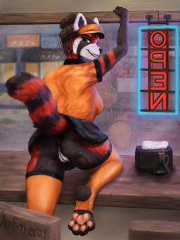 4_toes anthro anus arched_back big_butt biped black_body black_clothing black_fur black_nose blue_eyes blurred_background bottomless bottomwear breasts brown_hair butt chair city claws clothed clothing clothing_lift eyelashes feet female fingers food fur furniture genitals glass hair headgear headwear inside leaning legwear light looking_at_viewer looking_back looking_back_at_viewer messy_hair night no_underwear orange_clothing pawpads paws presenting raining raised_clothing raised_leg raised_tail reaching rear_view red_body red_fur reflection restaurant seductive shirt side_boob sign skirt smile solo stirrup_legwear stockings table tail tail_under_skirt teeth thick_tail thick_thighs toeless_legwear toes topwear tuft uniform unprofessional_behavior upskirt visor vulva waiter white_body white_fur window allfather ailurid mammal red_panda 2021 3:4 absurd_res digital_media_(artwork) hi_res