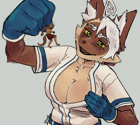 anthro big_breasts bottomwear breasts brown_body brown_fur clothed clothing duo exclamation_point extreme_size_difference fangs female female_anthro fur gloves green_eyes hair handwear inner_ear_fluff larger_anthro larger_female macro macro_anthro macro_female male male/female male_anthro micro micro_abuse micro_anthro micro_female multicolored_body no_bra open_mouth panicked_look shorts simple_background size_difference smaller_anthro smaller_male smile spiral_hair tail tan_body tan_fur teeth tongue topwear tuft white_hair attakoii canid canine domestic_cat felid feline felis mammal digital_media_(artwork) signature