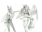 anthro bottomwear bra breasts clothing duo eyebrows feathered_wings feathers female flower forgiveness hair holding_flower holding_object horn insect_wings long_hair looking_away midriff navel pants plant shorts sports_bra text text_on_clothing underwear wings baron_engel friendship_is_magic hasbro my_little_pony mythology princess_cadance_(mlp) queen_chrysalis_(mlp) arthropod changeling equid equine mammal mythological_creature mythological_equine winged_unicorn 2022 graphite_(artwork) greyscale monochrome traditional_media_(artwork)