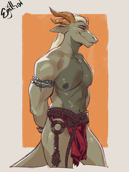 anthro armband athletic belt bottomwear clothing green_body grey_body grey_eyes hair hands_behind_back horn jewelry loincloth long_hair male multicolored_body muscle_tone muscular nipples solo standing two_tone_body white_hair egil_art mythology dragon mythological_creature mythological_scalie scalie 3:4 hi_res