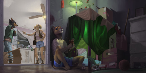 cigarette family female fight inside kitchen male toy violence fuzzle_(artist) canid canine canis dasyuromorph domestic_dog mammal marsupial recently_extinct_species thylacine hi_res adopted_(lore) father_(lore) mother_(lore) parent_(lore) son_(lore)