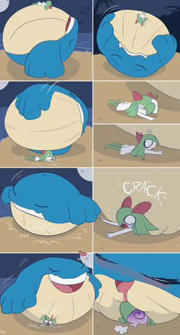 ambiguous_gender beach blue_body bodily_fluids countershade_torso countershading drooling duo eyes_closed feral fin flippers green_hair hair heart_symbol larger_ambiguous larger_feral long_hair lying lying_on_another lying_on_ground male moon night on_back on_front on_ground on_side open_mouth open_smile outside pain saliva sand size_difference sky sleeping smaller_humanoid smaller_male smile sound_effects spiral spiral_eyes star starry_sky tan_body tan_countershading teeth tongue tongue_out water white_body fuf nintendo pokemon generation_3_pokemon humanoid kirlia pokemon_(species) wailmer 2019 absurd_res comic hi_res