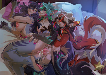 anthro areola balls bed bite biting_lip biting_own_lip bodily_fluids breasts cum cum_from_vagina cum_in_vagina cum_inside cumshot ear_piercing ejaculation erection feet female female_penetrated fingers from_behind_position fur furniture genital_fluids genitals group group_sex hair half-closed_eyes looking_back looking_pleasured lying male male/female male_penetrating male_penetrating_female narrowed_eyes nipples nude on_bed on_side orgasm orgasm_face pawpads penetration penile penile_penetration penis piercing pillow self_bite sex shoulder_bite smile sweat sweatdrop tail threesome toes trio vaginal vaginal_penetration vulva kammi-lu astra_(aatest137) dew_(aatest137) canid canine canis fox mammal wolf digital_media_(artwork)