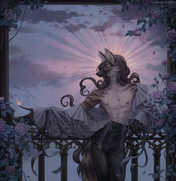 anthro black_body black_fur black_nose brown_body brown_fur brown_hair bulge claws clothed clothing fantasy finger_claws flower fluffy fluffy_tail fur hair jewelry leather leather_clothing long_hair male necklace nipples open_clothing open_shirt open_topwear plant rose_(flower) shirt silk_clothing slim slim_anthro slim_male solo striped_body striped_fur stripes tail terrace topwear gravewarden arthropod butterfly canid canine insect lepidopteran mammal maned_wolf hi_res