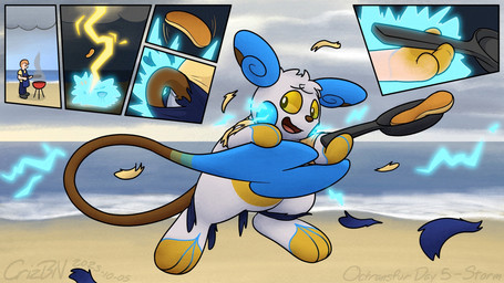 after_transformation ambiguous_gender apron beach belly blue_apron blue_clothing blue_ears blue_tail brown_tail cheek_pouches clothing electricity feral food grill grilling growth holding_pan lightning lightning_bolt looking_back multicolored_body open_mouth pancake sea seaside smoke solo tail tail_growth torn_clothing transformation transformation_sequence two_tone_body two_tone_tail water white_body yellow_belly crizbn nintendo pokemon alolan_form alolan_raichu generation_7_pokemon human mammal pokemon_(species) regional_form_(pokemon) 16:9 2025 hi_res widescreen