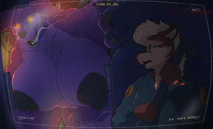 anthro big_breasts big_nipples breasts camera_view claws clothing crowbar damage duo female growth hiding holding_crowbar holding_object horror_(theme) huge_breasts huge_nipples jumpsuit larger_female male nipples scared science_fiction size_difference smaller_male teeth tools megfluff canid canine canis fox mammal wolf digital_media_(artwork) hi_res