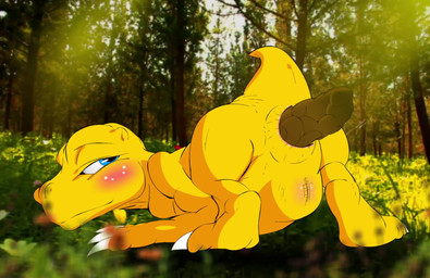 all_fours anus biped blinking blue_eyes blush butt claws crowning_feces fart feces feces_in_ass forest forest_background looking_at_another looking_back male nude plant presenting presenting_feces presenting_hindquarters scales scatplay short_tail solo tail tail_motion tree yellow_body yellow_scales thecapedmanlloyd bandai_namco digimon agumon digimon_(species) animated hi_res high_framerate short_playtime video