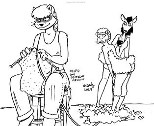 anthro barefoot breasts clothed clothed_female clothing electric_shears feet female fur group hair half-closed_eyes horn knitting knitting_needle narrowed_eyes nude nude_female shearing shirt short_tail tail tank_top topwear trio wool_(fur) tegerio aelfi_mistreed_(character) dodie_o'doe lana_lynne bovid caprine deer mammal mustelid musteline sheep true_musteline weasel 2024 greyscale monochrome