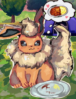ambiguous_gender blush blush_lines curry feral fluffy fluffy_tail fur grass grey_eyes heart_symbol licking licking_lips looking_at_viewer orange_body plant plate sitting solo tail tan_body tan_fur tent thought_bubble tongue tongue_out tree 6gzbjclnqu57784 nintendo pokemon eeveelution flareon generation_1_pokemon pokemon_(species) 2025 hi_res