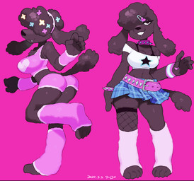 accessory alternative_fashion anthro arm_warmers armwear bedazzled_clothing belt big_breasts black_body black_fur black_hair blue_bottomwear blue_clothing blue_skirt bottomwear bra_strap bracelet breasts butt chest_tuft clothed clothing collar crop_top eyelashes female fishnet_clothing fishnet_legwear flower flower_in_hair fur hair hair_accessory hair_over_eye hair_over_eyes hairband hairpin heart_symbol jewelry kemono leg_warmers legwear navel off_shoulder pattern_bottomwear pattern_clothing pattern_skirt pink_background pink_belt pink_clothing pink_shirt pink_topwear plaid plaid_bottomwear plaid_clothing plaid_skirt plant raised_leg ring shirt simple_background skirt smile solo spiked_bracelet spiked_collar spikes star tail topwear tuft white_clothing white_shirt white_topwear sanjiro canid canine canis domestic_dog mammal poodle 2024 dated hi_res