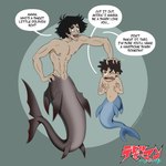 abs duo gills hair male mermen messy_hair navel nipples pecs smile split_form text frankly-art devilman_(series) devilman_crybaby mermay akira_fudo_(devilman) taro_makimura_(devilman) cetacean dolphin dolphin_merfolk fish humanoid humanoid_taur mammal marine merfolk oceanic_dolphin shark shark_merfolk taur toothed_whale 1:1 comic japanese_text brother_(lore) brothers_(lore) sibling_(lore)