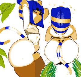 anthro big_butt blue_hair bob_cut bodily_fluids butt clothing egyptian egyptian_clothing female flat_chested from_side hair heart_symbol high-angle_view huge_butt leaf legwear looking_at_viewer markings navel palm_tree plant raised_arms skindentation solo striped_markings striped_tail stripes sweat tail tail_markings thick_thighs thigh_highs topwear tree tube_top usekh naxius_noxy animal_crossing nintendo ankha_(animal_crossing) felid mammal 2025 aliasing digital_media_(artwork)