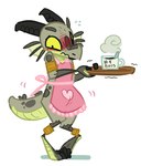 2_horns anthro apron apron_only beverage blush clothing coffee container cup embarrassed femboy fin grey_body grey_scales head_fin horn male mostly_nude mug pink_apron pink_clothing plate scales shaking solo standing yellow_eyes sillyme kobold scalie