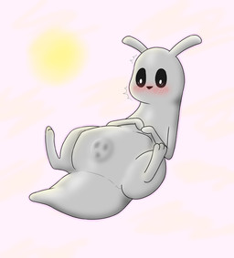 abdominal_bulge ambiguous_gender ambiguous_prey belly big_tail black_eyes black_nose black_sclera blush blush_lines duo feet feral looking_at_belly looking_surprised lying on_back pink_background prey_outline pupils simple_background spread_legs spreading squirming tail vore white_body white_pupils russleblackheart rain_world videocult slugcat hi_res