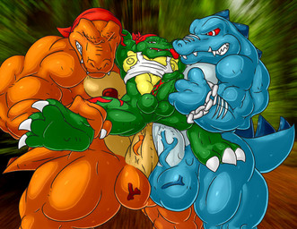 abs anal anal_penetration anthro balls barefoot biceps big_balls big_penis blue_body blue_scales claws clothing dominant double_anal double_penetration erection eyes_closed fangs feet genitals green_body green_scales grin group group_sex humanoid_genitalia humanoid_penis kerchief larger_dom licking looking_at_viewer male male/male male_penetrated male_penetrating male_penetrating_male markings multicolored_body multicolored_scales muscular nude orange_body orange_scales penetration penis red_eyes scales sex size_difference smaller_penetrated smile standing tail tattoo teeth threesome tongue tongue_out trio two_tone_body two_tone_scales vein veiny_penis yellow_body yellow_scales danandnite donkey_kong_(series) nintendo kludge crocodilian kremling reptile scalie