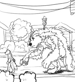 anthro building clothed clothing duo_focus group house male male_anthro mouth_closed muscular muscular_anthro muscular_male nude outside plant side_view size_difference text tree walkies dust_yang canid canine mammal absurd_res english_text hi_res monochrome sketch