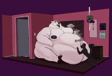 anthro group immobile male male/male morbidly_obese navel navel_kiss nipple_fetish nipple_play obese overweight trio tcw bear canid canine canis felid mammal pantherine polar_bear ursine wolf absurd_res hi_res