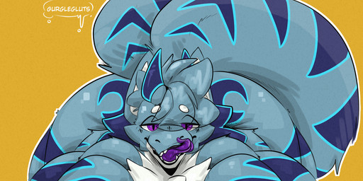 anthro big_butt blue_body blue_fur butt chest_tuft fluffy fur horn huge_butt lips male multi_tail open_mouth purple_eyes purple_tongue solo tail thick_bottom_lip tongue tongue_out tuft wide_hips gurglegluts mythology dragon furred_dragon furred_scalie mythological_creature mythological_scalie scalie taur hi_res