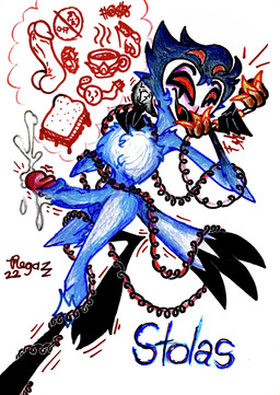 4_eyes anthro beak blue_body blue_feathers bodily_fluids chest_tuft cum cumshot ejaculation electronics feathers feet fluffy fluffy_chest food genital_fluids genitals landline_phone male multi_eye nude penis phone phone_call sandwich_(food) smile solo talons toes tuft wire pervnamedregazz hellaverse helluva_boss stolas_(helluva_boss) owl_demon absurd_res hi_res traditional_media_(artwork)