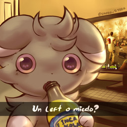beverage black_eyes caption computer electronics grey_body holding_beverage holding_object inside purple_sclera solo text shoko_steff inca_kola left_4_dead_(series) nintendo pokemon valve espurr generation_6_pokemon humanoid pokemon_(species) 1:1 2025 artist_name meme spanish_text